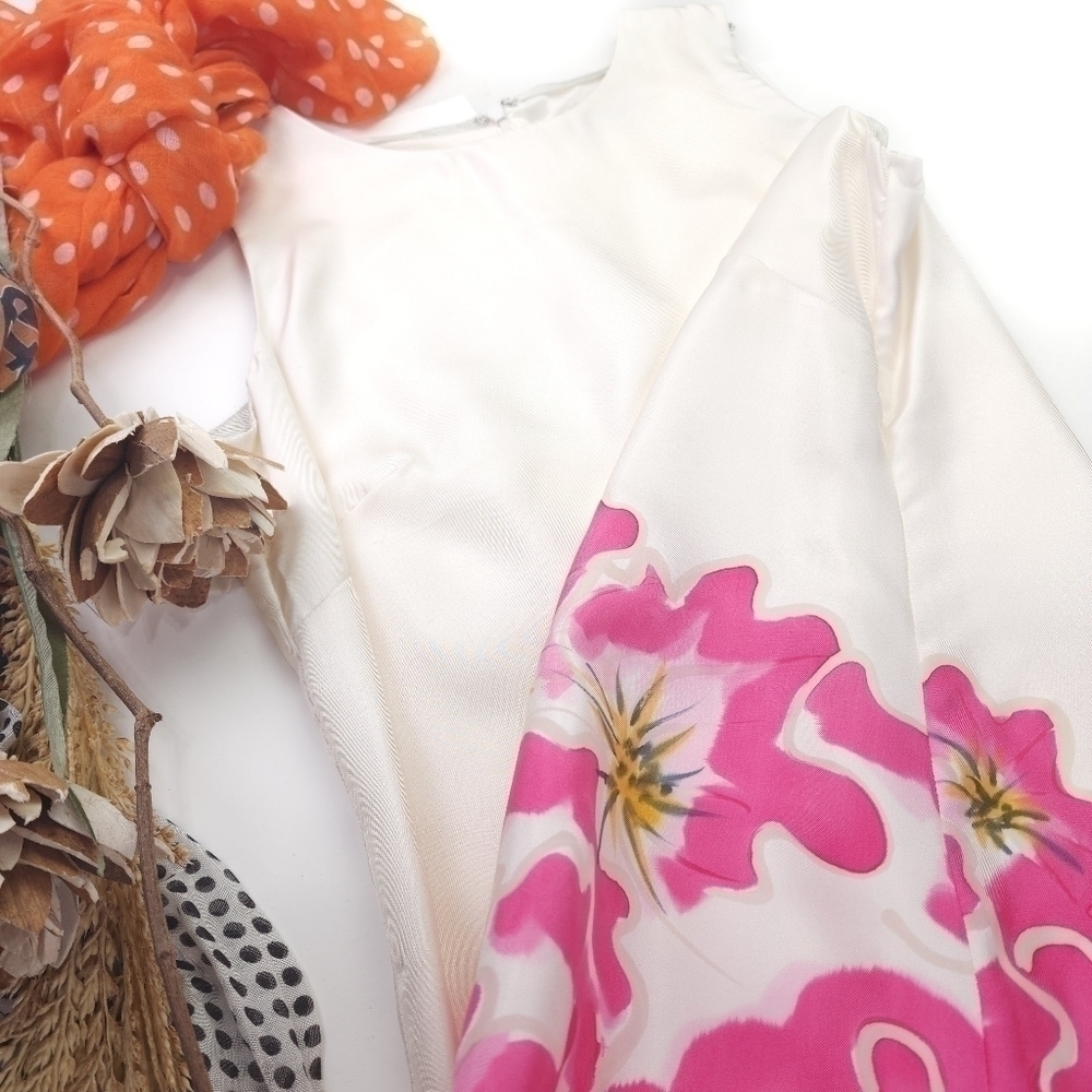 Badgley Mischka Cream Pink Floral Silk Dress Sz 8 - Picture 2 of 12